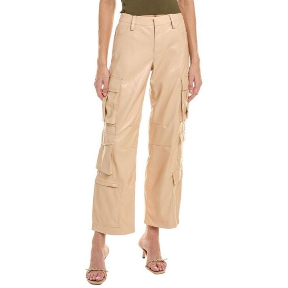 Alice + Olivia Luis Vegan Leather Wide Leg Cargo Pants in Sand Size 4